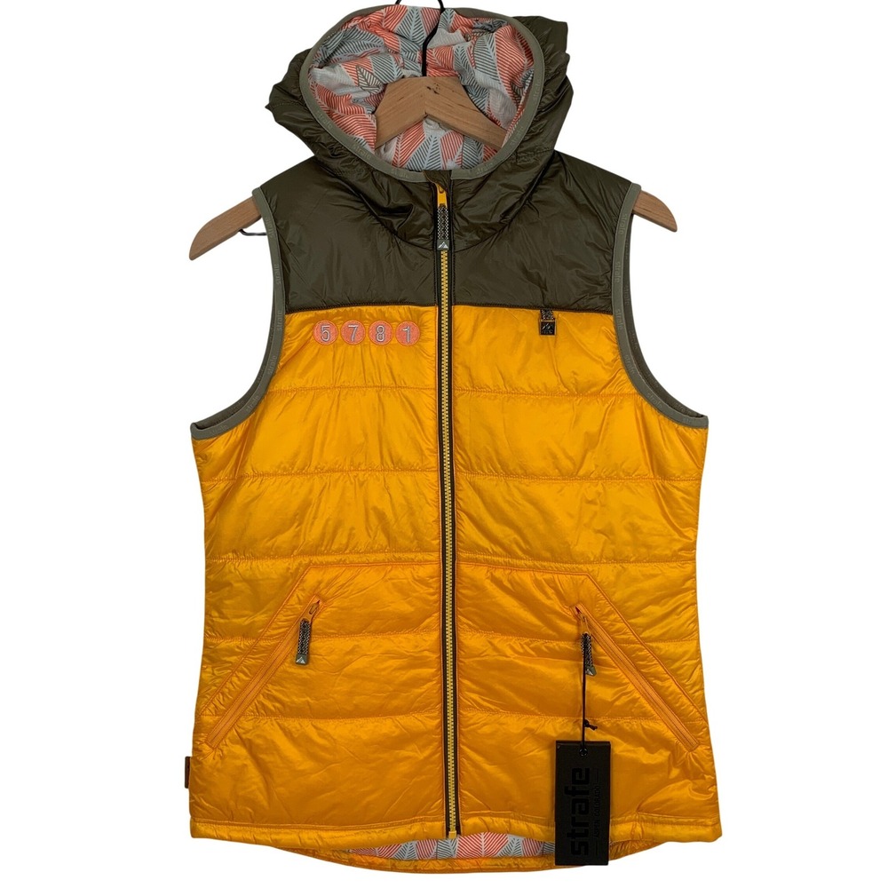 NWT STRAFE Cirque Hooded Puffy Vest Sz M Turmeric Yellow Olive Green Primaloft